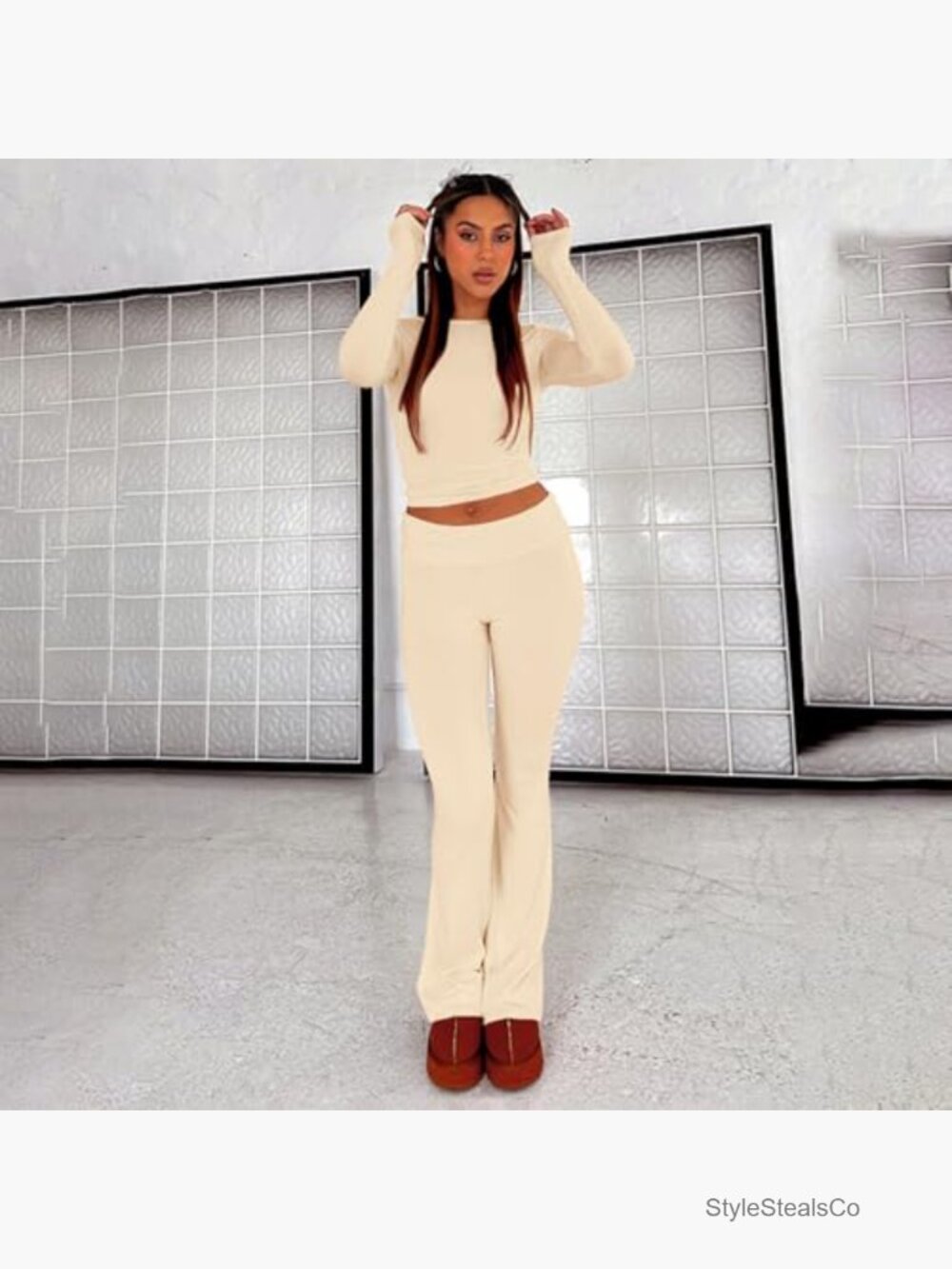 2 Piece Lounge Outfits Slim Long Sleeve Top High Waist Foldover Flare Leggings - Picture 5 of 7